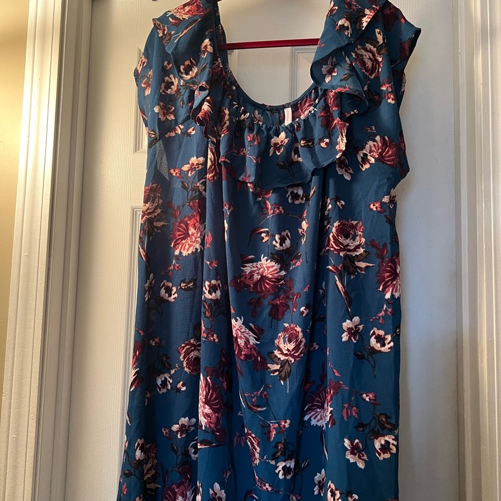 Floral Ruffle Dress in Teal and Burgundy